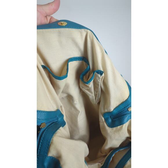 Large Turquoise Big Buddha Tan Canvas Floral Patchwork Tote Shoulder Bag - Picture 8 of 8